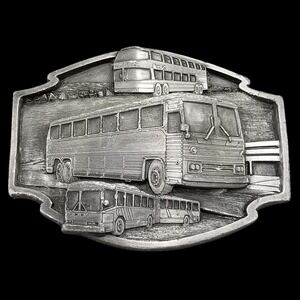 Vintage Buses Move The World Belt Buckle USA Made Pewter Novelty Transportation